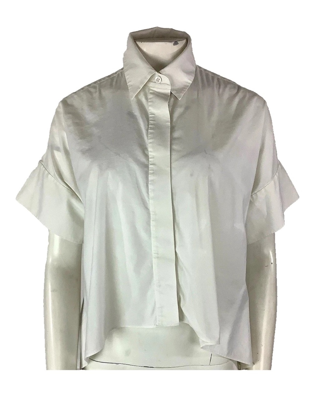 alice + olivia Sz S Hi Low Hem Button Collared Flare Sleeve Blouse White Top
